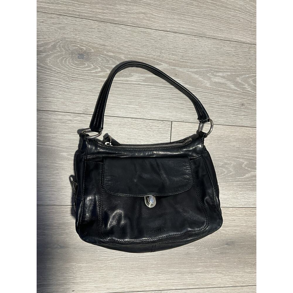 PRADA Leather Shoulder Bag Neto Leather Silver Tone Hardware Leather Embellish
